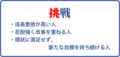 挑戦：成長意欲が高い人、忍耐強く改善を重ねる人、現状に満足せず新たな目標を持ち続ける人